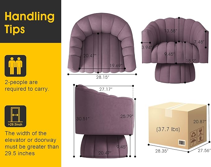 Accent Chair Mid Century 360 Degree Swivel Chair,Modern Lounge Sofa Round Barrel Chair with Wide Upholstered,Fluffy Velvet Fabric Chairs for Home Sofa Living Room/Bedroom/Waiting Room(Purple)