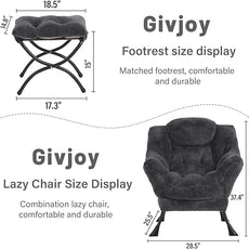 Plush Lazy Chair and Ottoman, Large Contemporary Accent Lounge Chair with Armrests and a Side Pocket, Modern Leisure Upholstered Sofa Reading Armchair with Footrest for Bedroom, Living Room