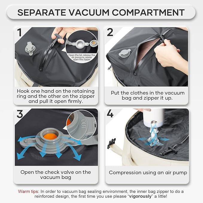 Vacuum Compression Backpack, Travel Vacuum Backpack with Electric Vacpack Pump, Flight Approved Carry On Personal Item Suitcase Luggage for Men Women, Beige, Small