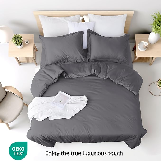 Dark Grey Duvet Cover Set Queen Size 100% Egyptian Cotton 3Pcs Home Bedding Set- 1 Duvet Cover with 2 Pillowcases, 400 Thread Count Super Soft Cover with Corner Ties(90x90 Inches, Dark Grey)