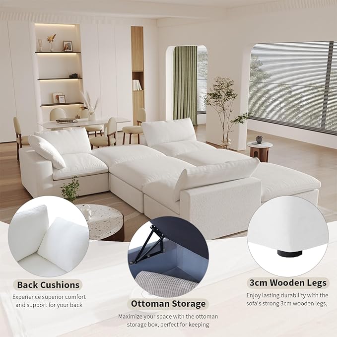 Cloud Modular Sectional Sofa Couch,4 Seater Sofa for Living Room,160.6" Convertible Couches, Covers Washable&Replaceable,White