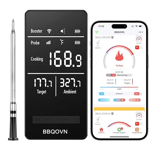 Smart WiFi Wireless Meat Thermometer Unlimited Range 7 NIST Cert.Sensors Accuracy ±0.5°F Sub-1G (10X Stronger Than Bluetooth) APP&Digital Base,Monitor for BBQ, Grill,Oven, Smoker(1, Black, Small)