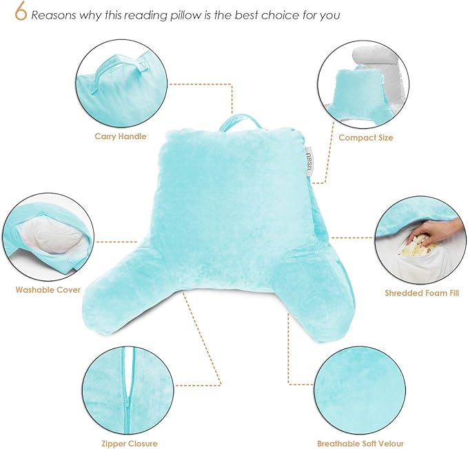 Nestl Reading Pillow with Shredded Memory Foam, Designed for Sitting Up in Bed and Couch, Back and Arms Adjustable Support for Adult & Teens Backrest Pillows for Reading with Washable Cover Light Blue