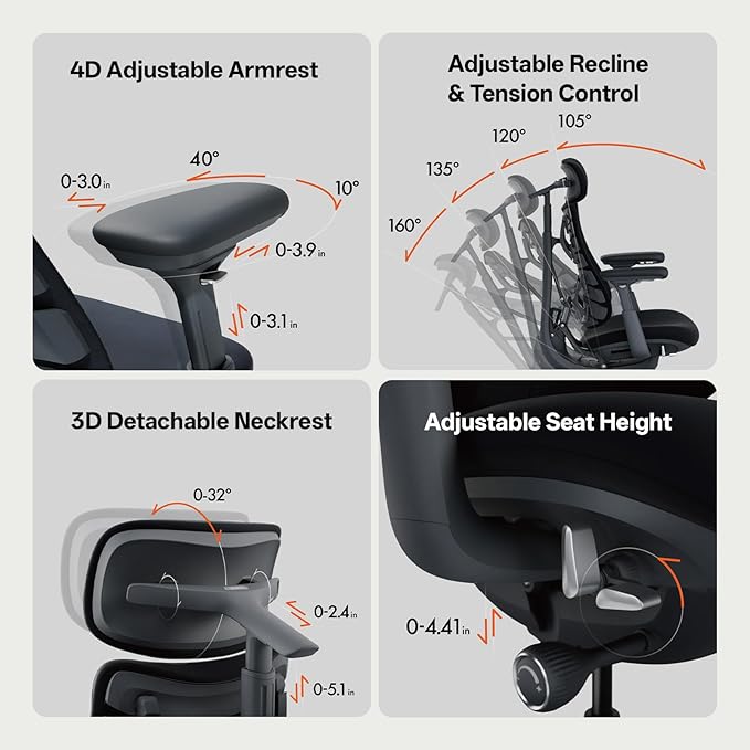 LiberNovo Dynamic Ergonomic Desk Chair + StepSync Footrest Bundle - Comfy Home Office Chair with Adaptive Lumbar Support, 160° Recline & Built-in Spine Stretch, Black+45cm