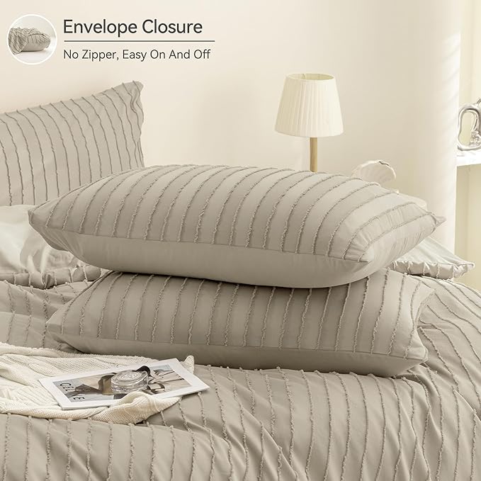 JELLYMONI Duvet Cover Queen Size Khaki - 3PCS Boho Striped Duvet Cover Set Polyester Tufted Bohemian Textured Comforter Cover 90×90in with Corner Ties & Zipper and 2 Pillowcases