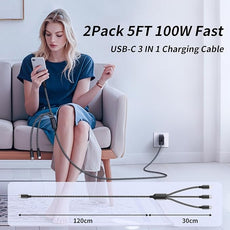 100W USB C Multi Charging Cable with E-Mark Chip, 3 in 1 USB C Fast Charging Cable, Universal Multiple Charger Cord with Type-C, Micro USB, IP Port for iPhone16/15/14/Cell Phones and More (2Pack 5FT)