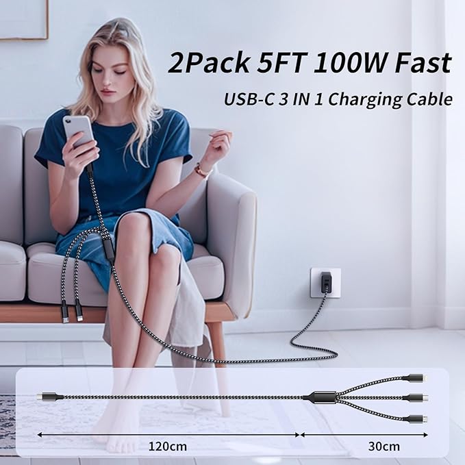 100W USB C Cable, Multi Charging Cable Fast Charging 5FT, 3 in 1 USB C Charger Cable with E-Mark Chip, Multi Charger Cord with Type-C, Micro USB, IP Port for iPhone16/15/MacBook/iPad/Samsung (1Pack)