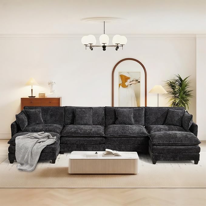 SoarFlash 149.61" Chenille Sectional Sofa, Comfy U Shaped Modular Coush Sofa with Ottoman, Modern 4 Seat Couch Deep Seat Sofa Set for Living Room,Black