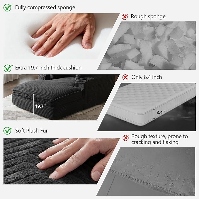 67" Oversized Chaise Lounge Chair Indoor, Soft Boneless Cloud Couch with 3 Pillows, 4 Side Pockets and 2 Cup Holders, Comfy Corduroy Sleeper Couch for Living Room Bedroom, Black