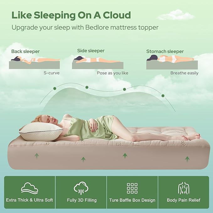 BEDLORE Twin Mattress Topper Viscose Derived from Bamboo, Thick Pillow Top Mattress Pad with Stretchable Pockets for 6"-15" Mattress, Soft Breathable Mattress Topper for Back Pain Relief(Beige)