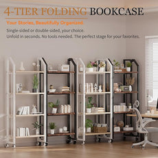 No Assembly Double-Sided Folding Bookshelf for Living Room, 4 Tier Collapsible Book Shelf for Home Office, Portable Bookcase Storage Organizer