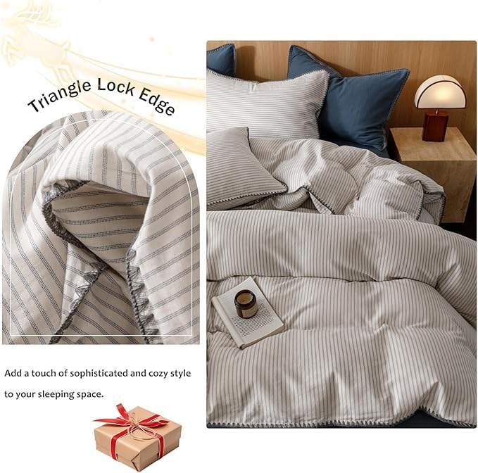 VM VOUGEMARKET Grey Blue Striped Duvet Cover King Yarn Dyed Muslin Cotton Duvet Cover with Embroidered Edge Super Soft Cozy Bedding Set for Men Women,King Size