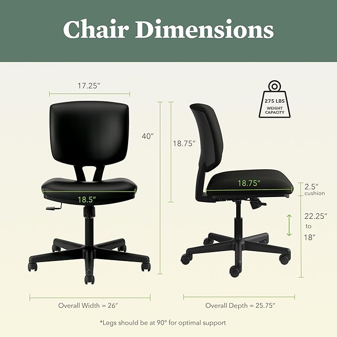 HON Volt Armless Office Desk Chair Comfy, Ergonomic Recline, Softhread Leather Back Seat, Swivel Desk Chair, Black