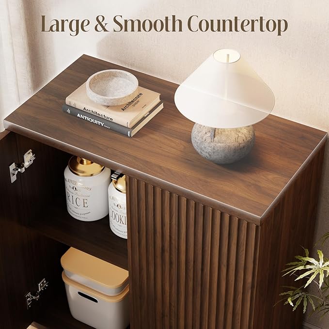 Fluted Buffet Cabinet Sideboard with Storage,Wooden Credenza with 2 Doors&Adjustable Shelve, Modern Accent Cabinets Coffee Bar Bookcase for Living Room,Kitchen Dining Room Entryway 15"D Brown