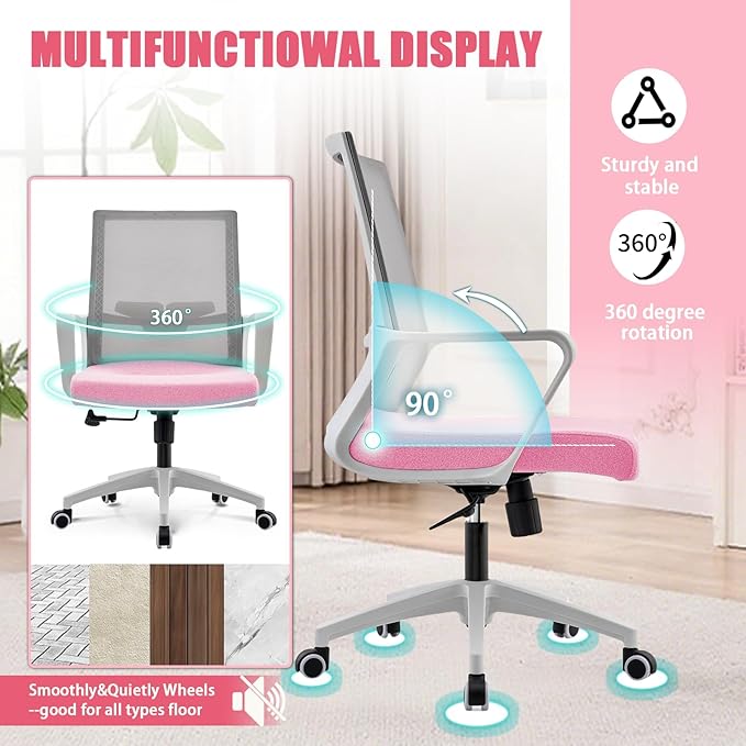 Office Chair ergonomically Designed with Breathable mesh backrest and Lumbar Support Adjustable Height Suitable for Offices Homes bedrooms Study Rooms (Pink)