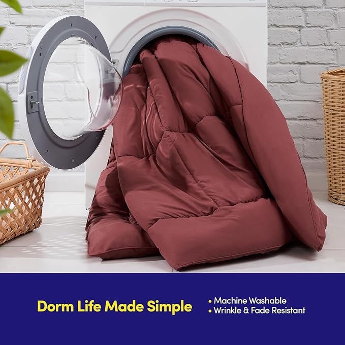 Dorm Room Essentials College Bedding Comforter Set 5 Piece Twin Size Bed in a Bag for College Students Boys and Girls, Twin, Burgundy