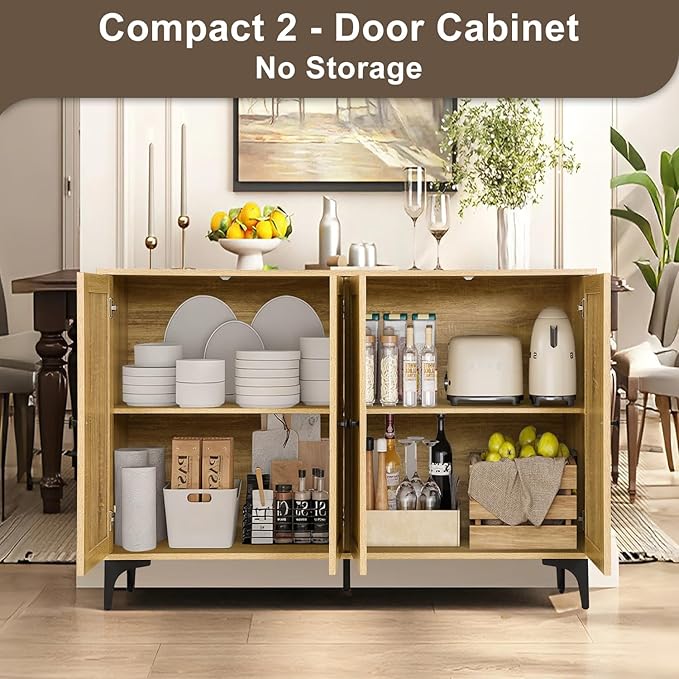 Rattan 2-Door Storage Cabinet Buffet - Boho Small Sideboard with Adjustable Shelves for Pantry Kitchen Entryway, Natural Weave 23.6" W x 15" D x 33.3" H
