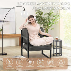 COLAMY Modern Accent Chair, Accent Arm Chair for Living Room, Comfy Leather Armchair with Metal Legs for Bedroom Reception Waiting Room, Grey