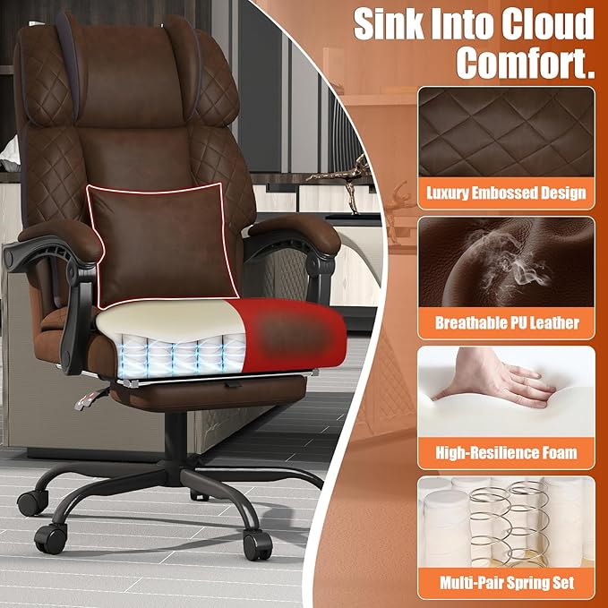 Ergonomic Office Chair with Footrest, 400lbs High Back Executive Home Office Computer Chair with Unique Ear-Shape Headrest for Neck Support,Coffee Leather Office Chairs for Home Office Work