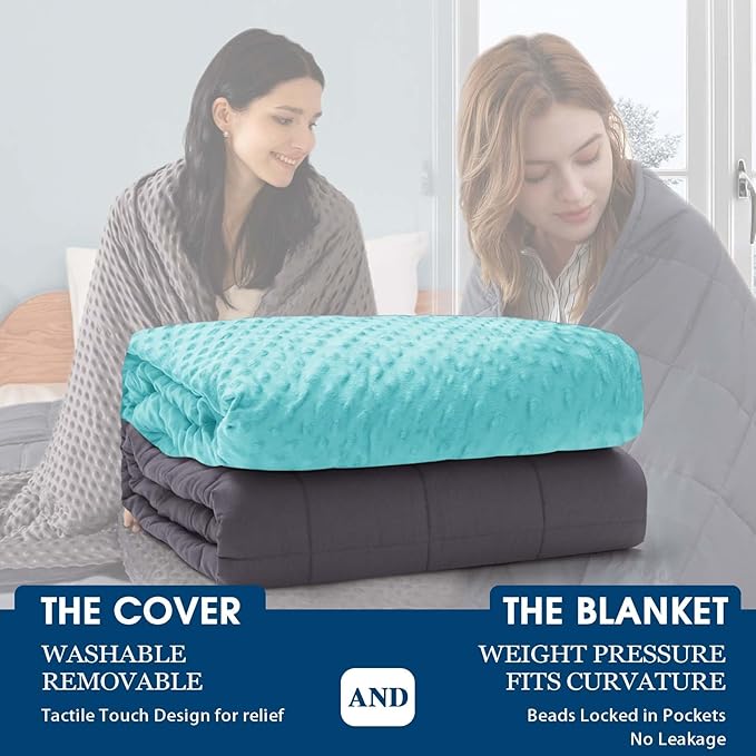 Weighted Blanket with Cover Queen Size Heavy Blanket Removable Soft Cyan Blankets Microfiber Washable Heated Weighted Throw Blankets Winter Warm Weighted Comforter 25lbs, 60 * 80