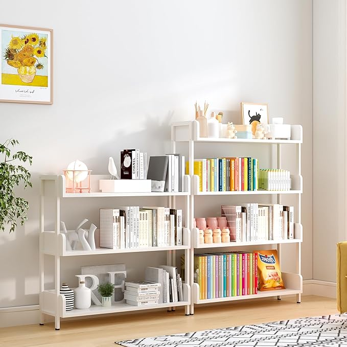 Wide Open Shelf Bookcase - Modern 4-Tier Free Standing Display Bookshelf with Three-Side Panels and Metal Frame for Home and Office, Storage Shelving, Warm White