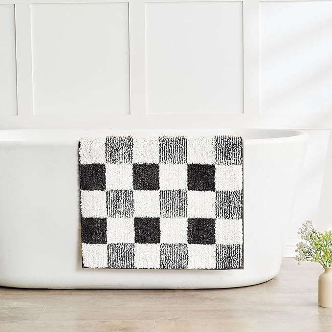 CozeCube Bath mats for Bathroom Non Slip, Fluffy Absorbent Microfiber Bath mat Washable, Aesthetic Bathroom Rugs, Cute Jet Black Checkered Bath mat, Jet Black, 32" x 20"