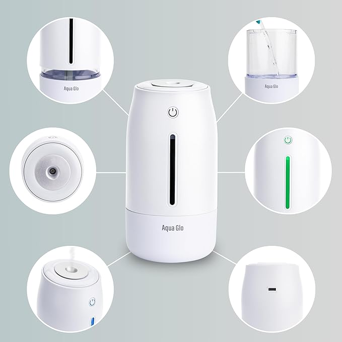 Aqua Glo Personal, Portable Humidifiers for Bedroom – Ultrasonic Cool Mist Humidifier with Built In Rechargeable Battery. Air Humidifier for Baby, Plants, Home, Office, Travel. White