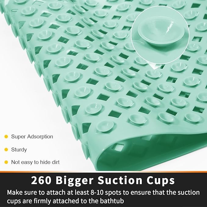 Yimobra Bathtub Mat Non Slip, Super Strong Suction Cups, 27.5"x15.5" Long Shower Mat with Drain Holes, Machine Washable Fast Draining Bath Mats, Bathroom Essentials,MARRS Green