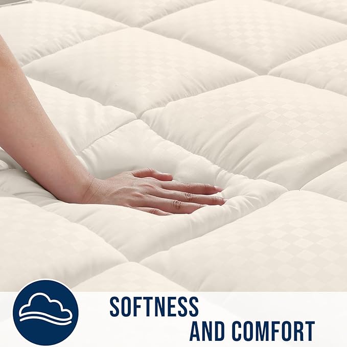OLANLY Queen Quilted Fitted Mattress Pad – Soft Pillow Top Mattress Topper, Down Alternative Fill, Cooling Comfort Breathable Mattress Cover, Machine Washable Deep Pocket Mattress Protector, Ivory