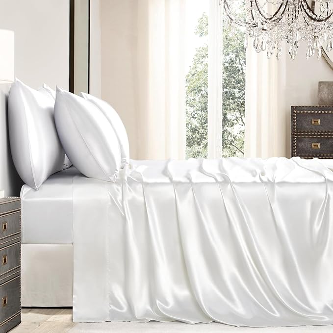 Satin Sheets Full Size - 6 Pieces Luxury Silky Soft Bed Sheets, Wrinkle-Free White Satin Silk Sheet Set with 1 Deep Pocket Fitted Sheet, 1 Flat Sheet, 4 Pillow Cases