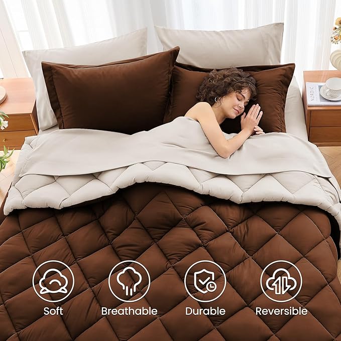 MUXHOMO 7 Pieces Queen Comforter Set, Reversible Bed in a Bag Queen Size, All Season Bedding Set with Comforter, Flat Sheet, Fitted Sheet, Pillowcases & Shams, Brown & Khaki