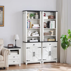 72in Tall Bookshelf 7 Tier Bookcase with Drawer and Barn Doors and Adjustable Shelves, White Farmhouse Book Shelf with Storage Cabinet, Wood Freestanding Display Bookshelves for Kitchen (4PCS)