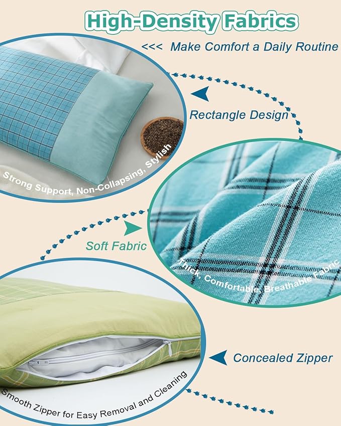 Buckwheat Hull Neck Pillow, Rectangle Pillow for Neck Pain Relief Ergonomic Support, with Washable Cover, Adjustable Filling for Side/Back Sleepers, 23x13 Inch, Blue