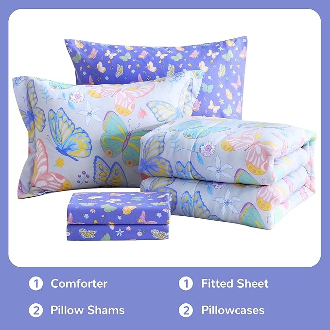 Viviland Kids Full Bedding Sets for Girls, Soft Full Comforter Set with Sheets, 7 Pieces Microfiber Bed in a Bag, Colorful Butterfly