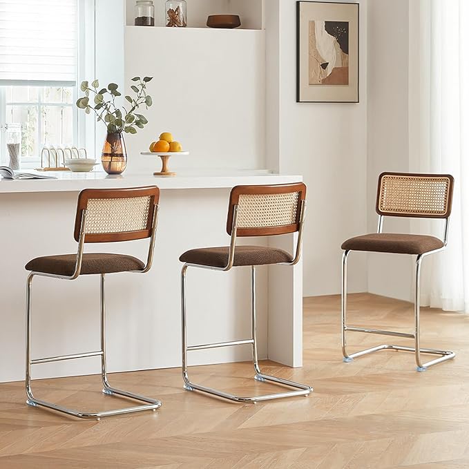 Natural Rattan Counter Height Stools Set of 3 with Solid Wood Back, 29 Inch Mid Century Modern Cesca Bar Stools, Brown Upholstery Boho Stool for Kitchen Counter with Chrome Metal Legs