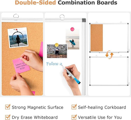 WALGLASS Dry Erase Cork Board Combo, 36"X24" White Bulletin Board for Wall, Magnetic Corkboard Whiteboard Combination, Vision Board for Office, Home, School