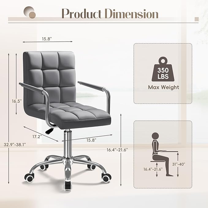 Furmax Mid-Back Office Task Chair Ribbed PU Leather Executive Chair Modern Adjustable Home Desk Chair Retro Comfortable Work Chair 360 Degree Swivel with Arms (Grey)