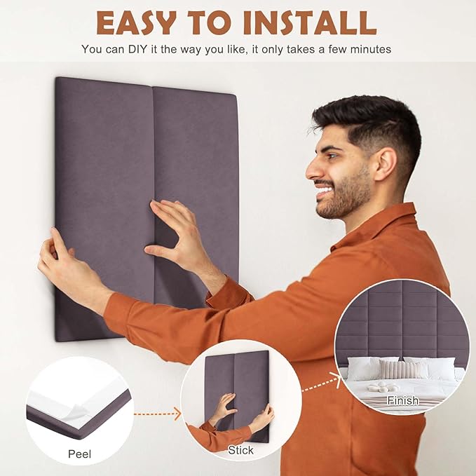 IFNOW Wall Mounted Upholstered Headboard Full, 3D Peel and Stick Soundproof Panels, Reusable and Removable Padded Leather Bed Headboard, 6 Panels 9.84" x 23.62", Dark Purple