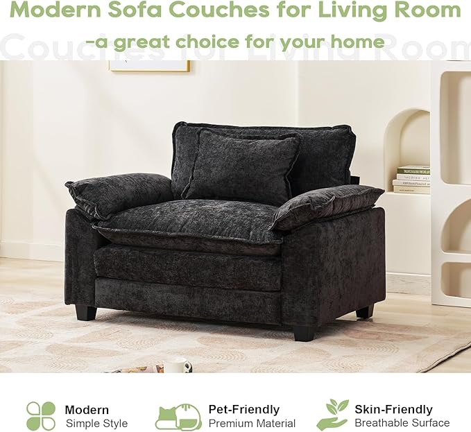 Modular Sectional Sofa, Comfy Cloud Couch Sectional Sofa, Chenille Sofa Sleeper Deep Seat Sofa with Throw Pillows for Living Room (Black, 53"- Single Seat)