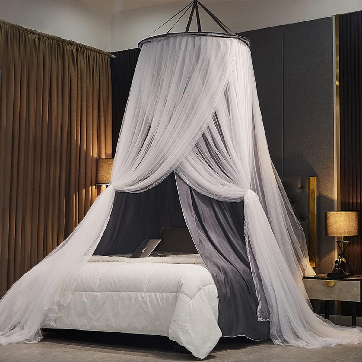 Kertnic Luxurious Bed Canopy for Girls & Adults - Double Layer Princess Canopy with Lace, Round Dome Mosquito Netting for Queen/King Bed Tent (Black) Dormly