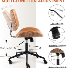 Home Office Desk Chair with Wheels, Adjustable Height Armless Office Chair, PU Leather Mid Back 360° Small Computer Chair, Modern Walnut Chair No Arms for Office, Reading Meeting Room(Brown)