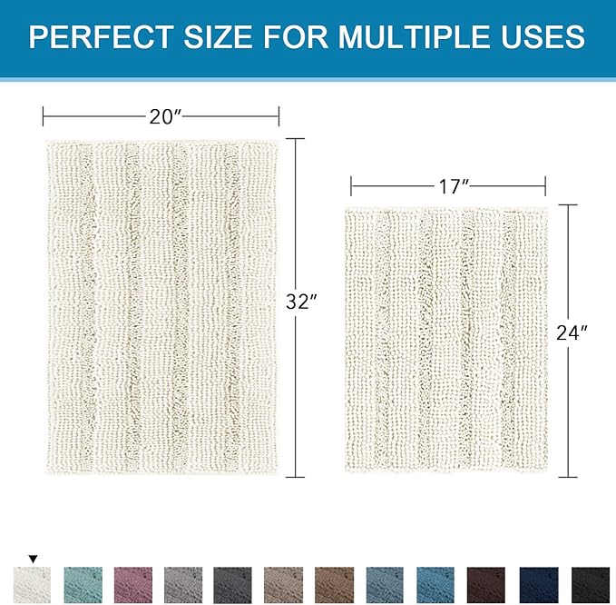 Non Slip Thick Shaggy Chenille Bathroom Rug Mat Set Extra Soft and Absorbent Striped Floor Rugs, 2 Piece, Machine-Washable