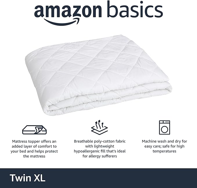Amazon Basics Hypoallergenic Quilted Mattress Topper Pad, 18 Inches Deep, Twin XL, White