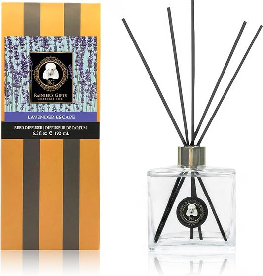 Rainier’s Gifts Reed Diffuser Set (Lavender Escape) - Scented Oil Diffuser Sticks - Home Fragrance Aromatherapy Air Freshener 6.5 fl oz