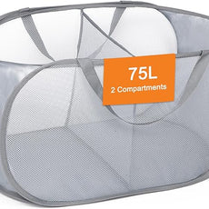 Sturdy Collapsible Laundry Baskets, Foldable Pop Up Laundry Hamper, Durable 2 Compartments Laundry Basket, Handy Pocket & Easy to Sort Clothes Hampers for Laundry, Dorm, Kids Room, Travel Grey