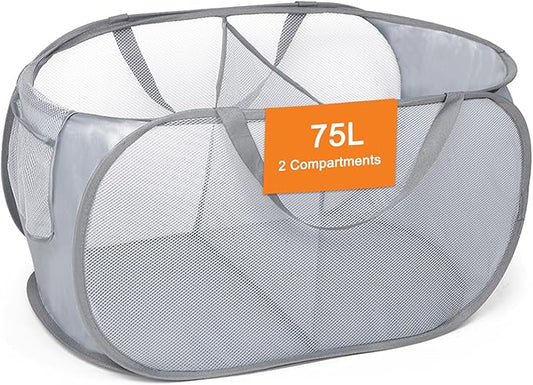 Sturdy Collapsible Laundry Baskets, Foldable Pop Up Laundry Hamper, Durable 2 Compartments Laundry Basket, Handy Pocket & Easy to Sort Clothes Hampers for Laundry, Dorm, Kids Room, Travel Grey