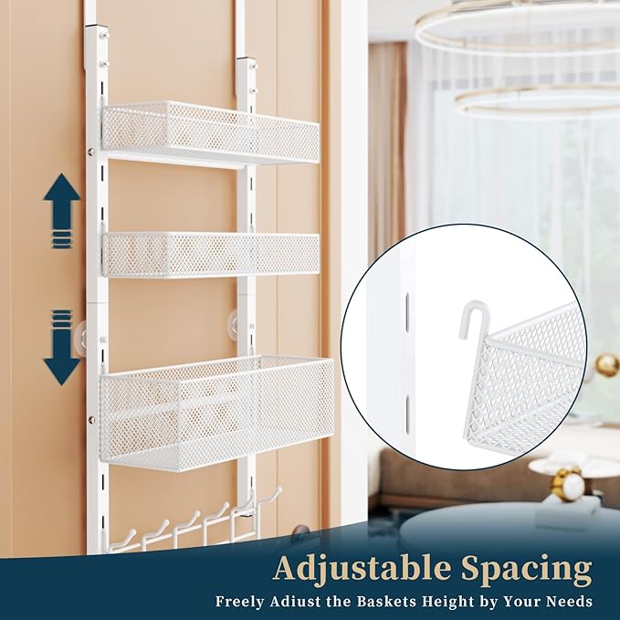Consumest Over The Door Hooks Organizer - 4 Tier Door Coat Rack with 3 Baskets and 12 Hooks, Stainless Steel Towel Hanger for Bedroom, Bathroom, Living Room, White