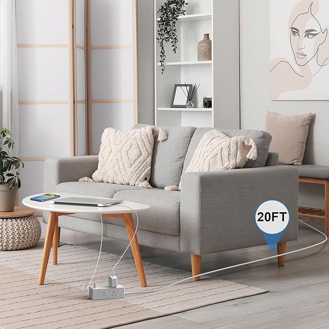 20Ft Extension Cord Flat Plug Power Strip - Tcstei 3-Side Outlet Extender with 6 AC Outlets and 3 USB Ports (1 USB C), Compact for Home, Office, Dorm Room Essentials, White