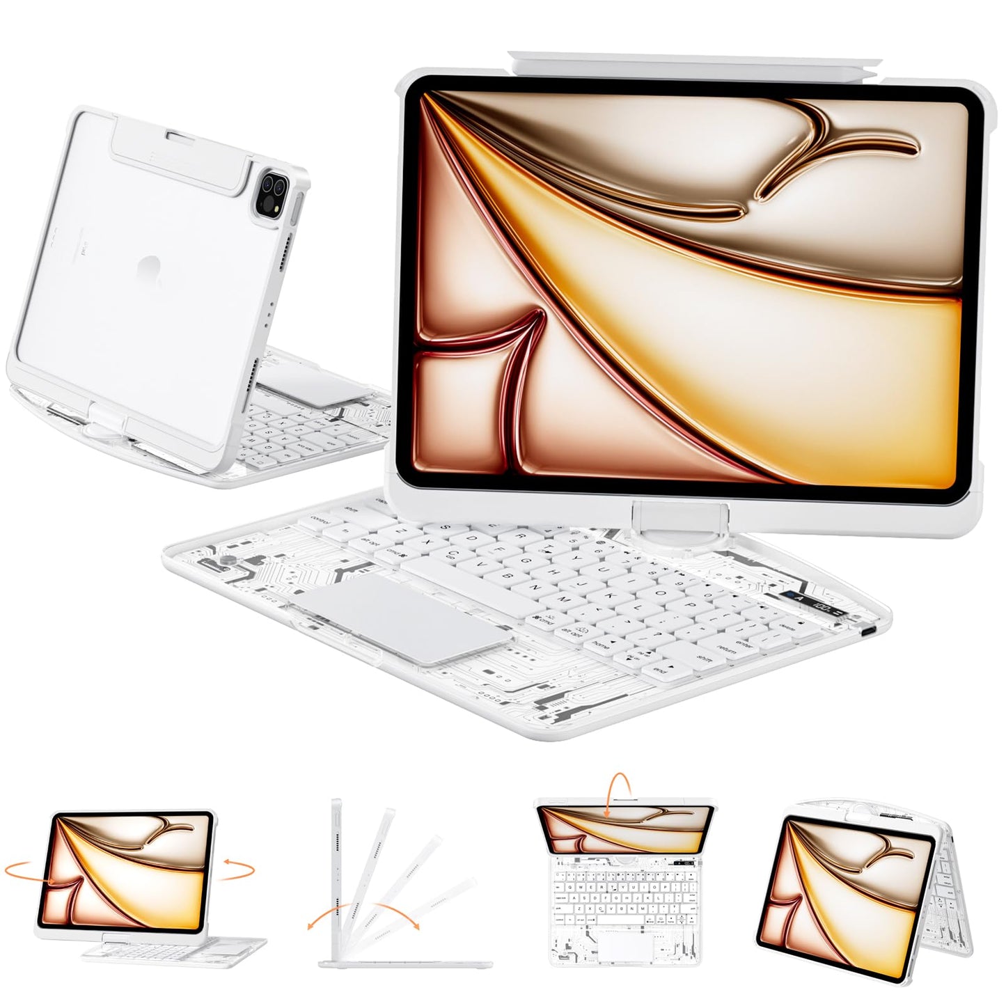 Transparent Keyboard Case for iPad 11” (10th & 11th Gen) – 360° Rotating, Backlit, Trackpad