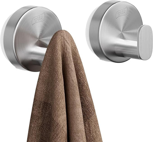 TAILI Stylish 304 Stainless Steel Bathroom Suction Hooks for Towel, Bathrobe, Loofah, No Damage Hanging Glass Shower Wall Hook, Patented Strong Suction Cup Holder, Hold Up to 11 Lbs, I-Cylinder Silver